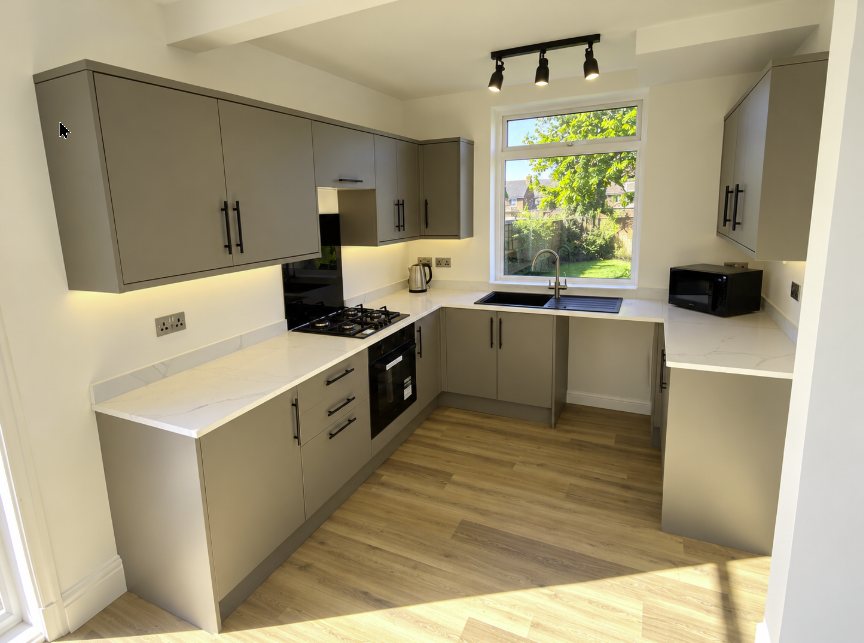 The same taupe kitchen from the doorway, a U-shape around the window with black handles and a black sink